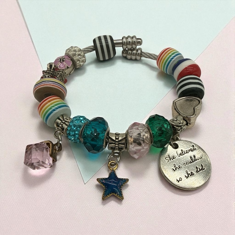 Colorful Beaded Memory Wire Charm Bracelet